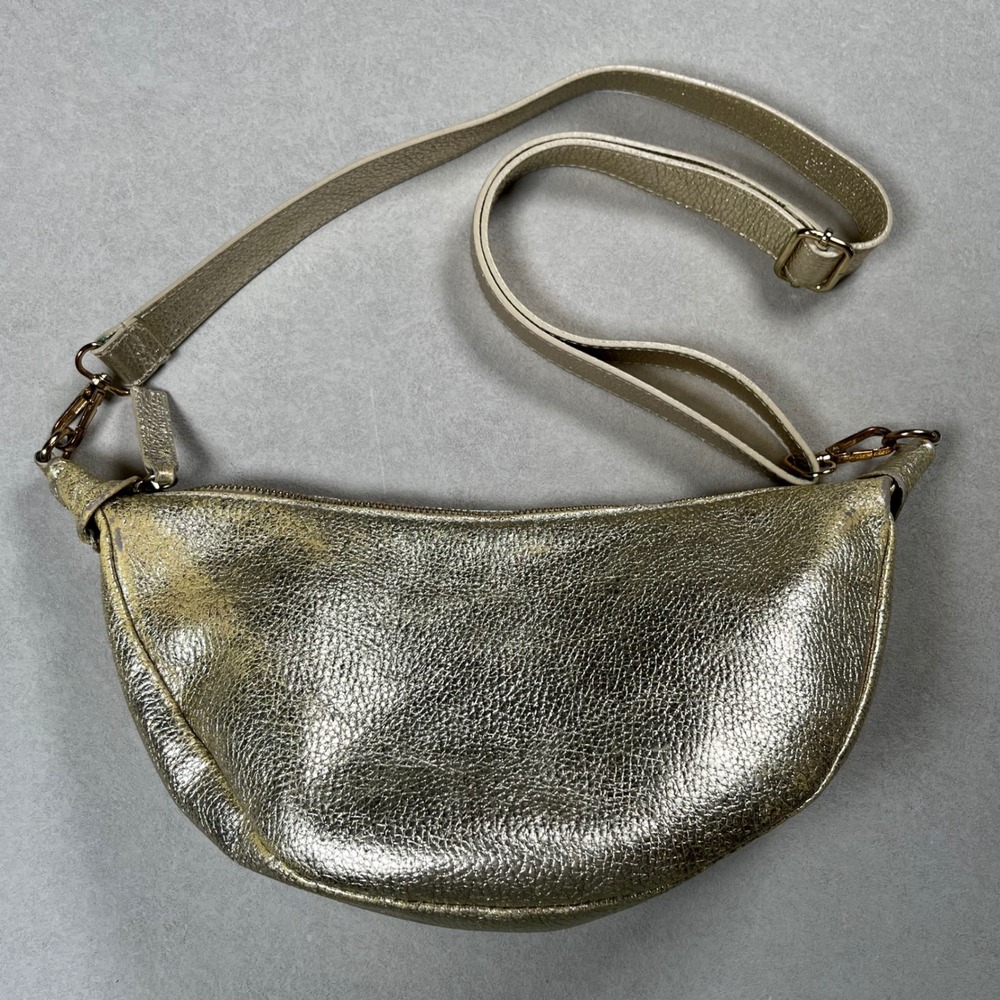 Elie Beaumont London Sling Bag Small Gold Metallic Leather Crossbody Hobo READ